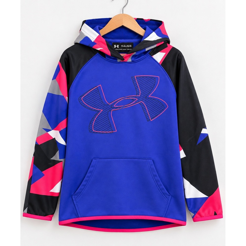 Under Armour Girls ColdGear Loose Fit Fleece Hoodie Blue Pink Geometric Y Large
